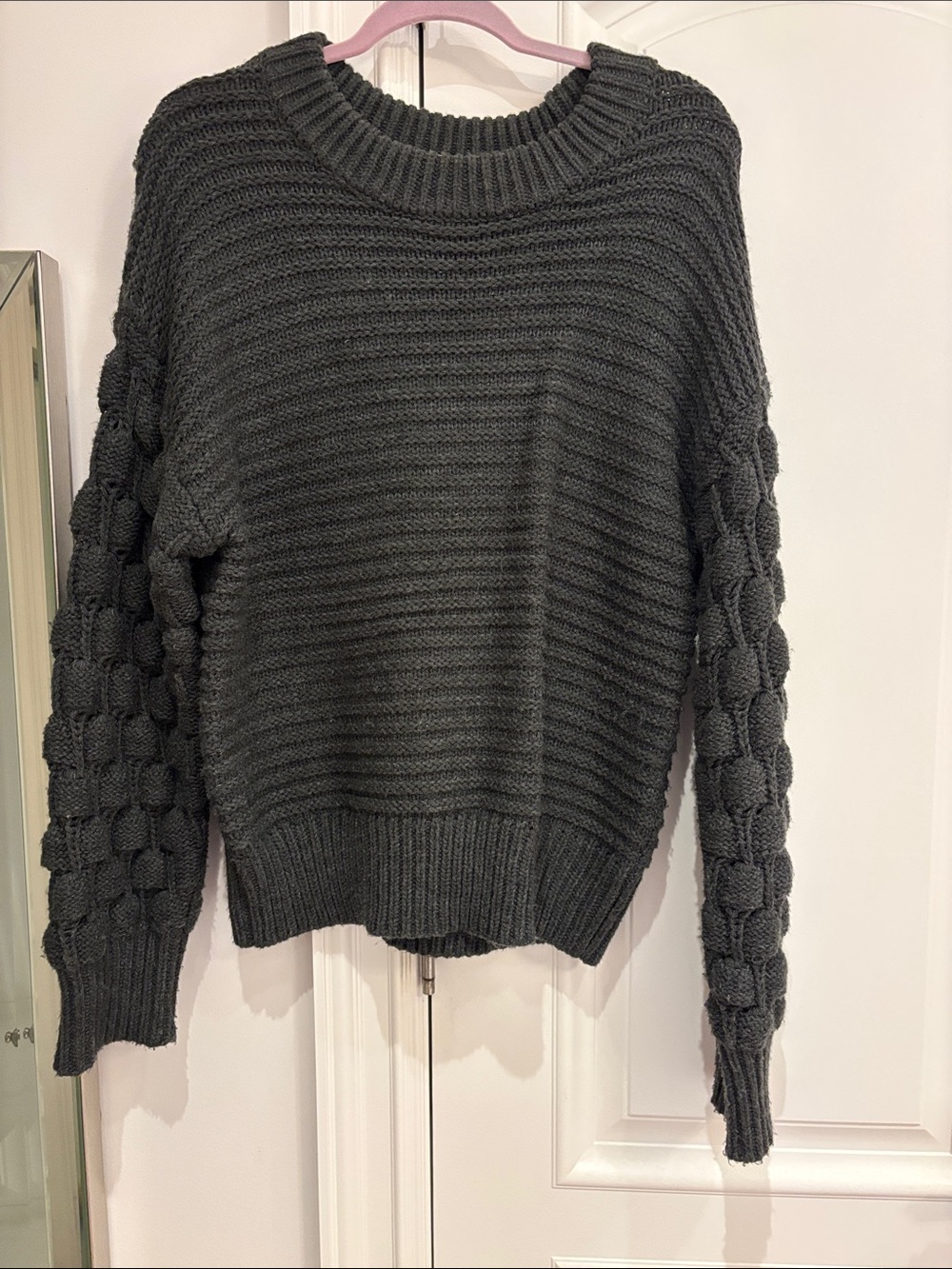 Elodie Charcoal Bubble-Sleeve Crewneck Sweater